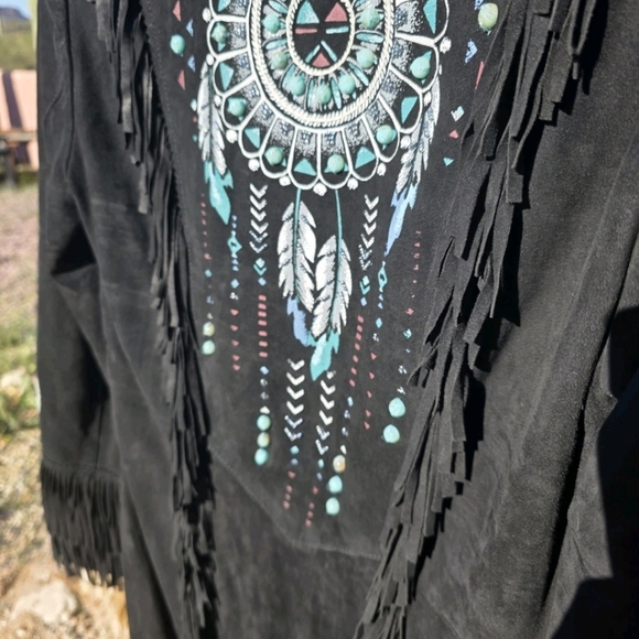 Double D Ranch Black Leather Jacket with Blue Stone and Embroidery Zuni Dreams - Picture 5 of 14